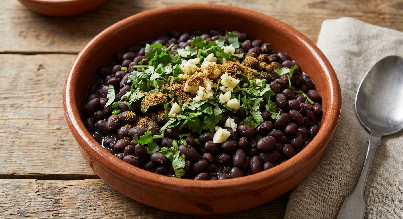 A bowl of black beans with garlic, cumin, and chopped cilantro