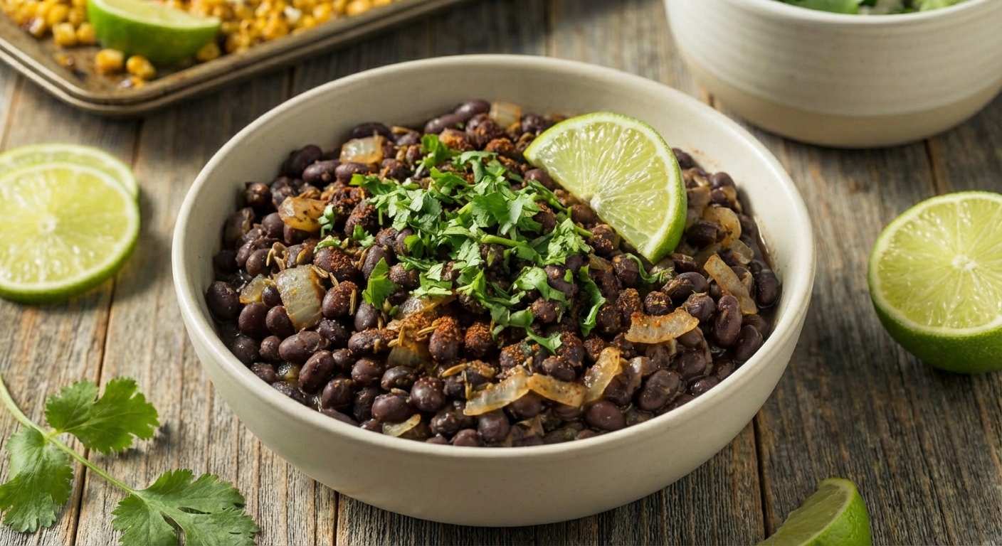 A bowl of black beans with sauteed onions and spices