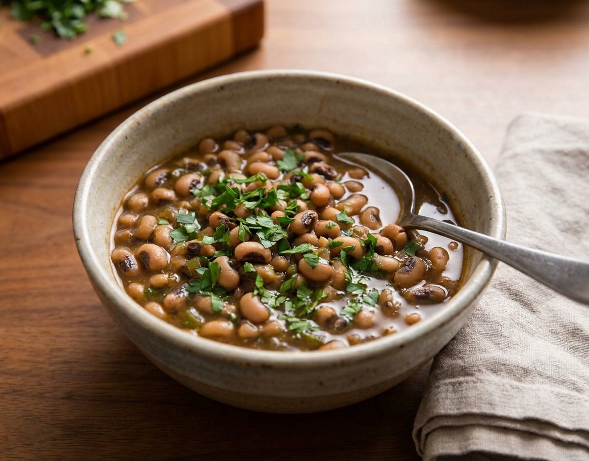 A bowl of black eyed peas in savory broth topped with chopped parsley, set on a dinner table with a spoon and a simple napkin