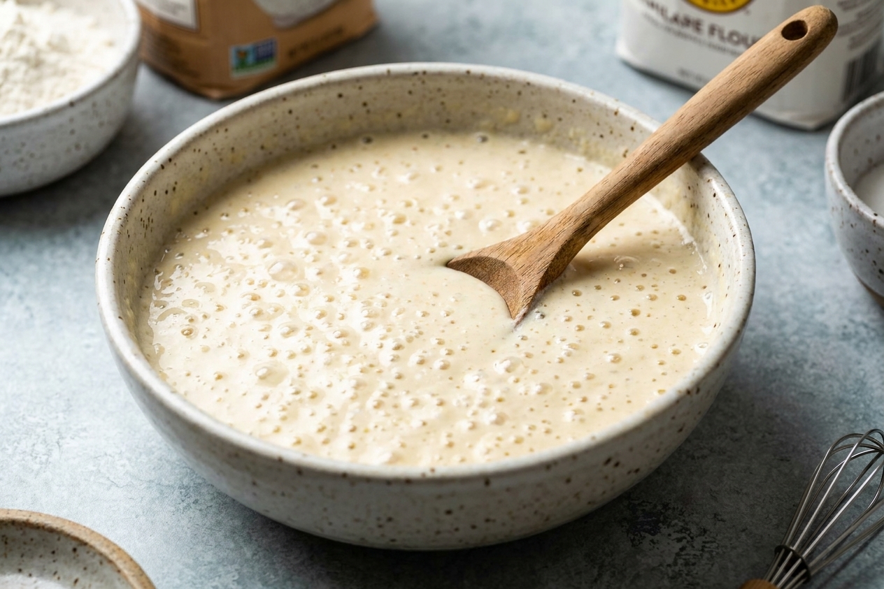 A bowl of blini batter resting on a counter with small bubbles visible on the surface