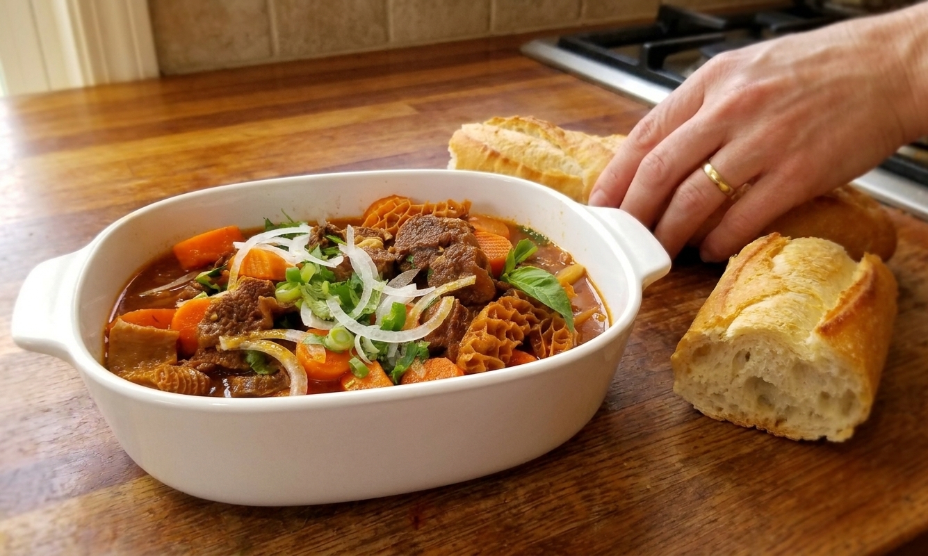 A bowl of bo kho beef stew topped with herbs next to a piece of crusty bread on a wooden table