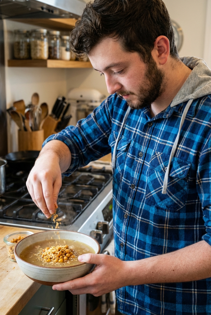 A bowl of bone broth being topped with toasted garlic breadcrumbs and crispy chickpeas right before serving