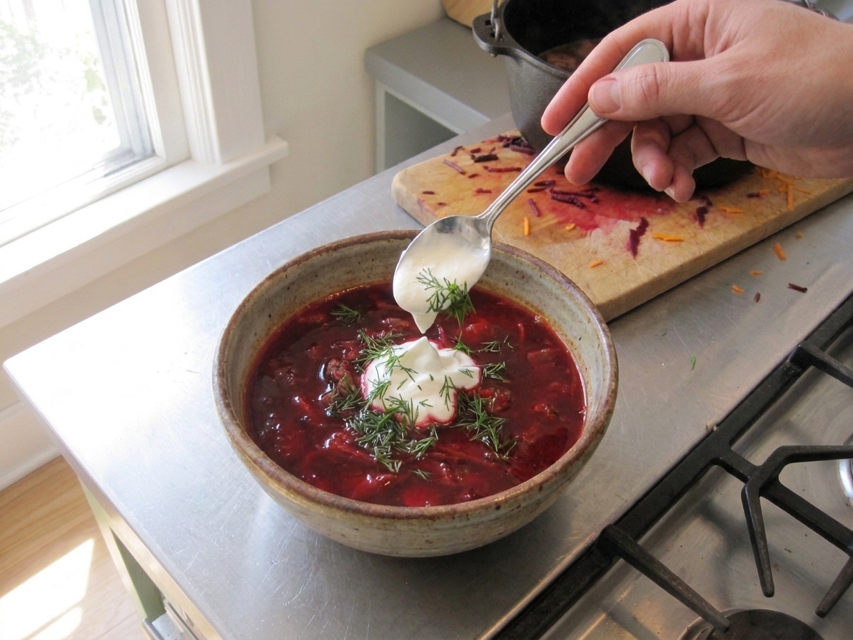 A bowl of borscht being topped with a spoonful of sour cream and a sprinkle of fresh dill on a kitchen counter
