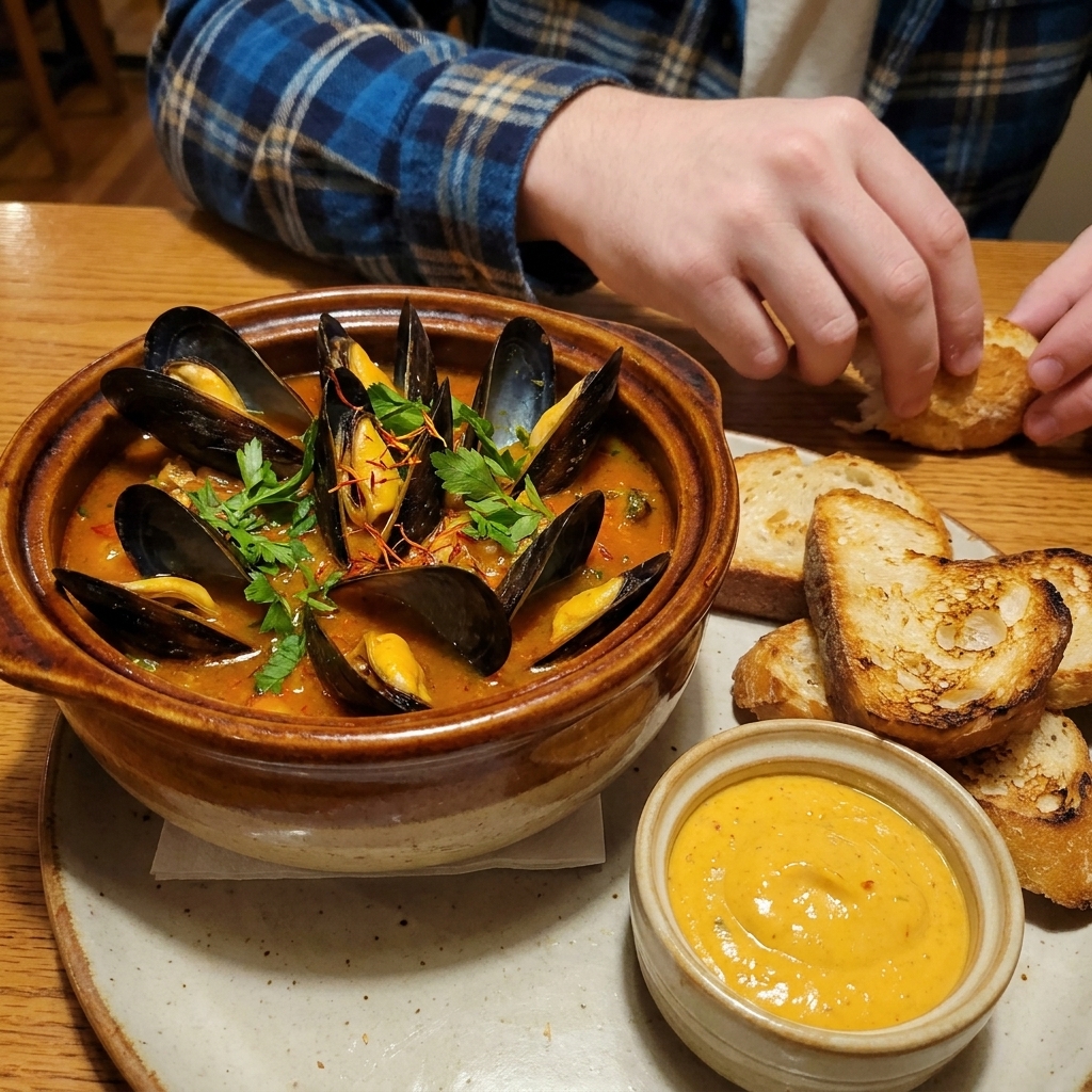 A bowl of bouillabaisse topped with mussels and herbs beside a small dish of rouille and sliced crusty bread on a wooden table, close-up food photography