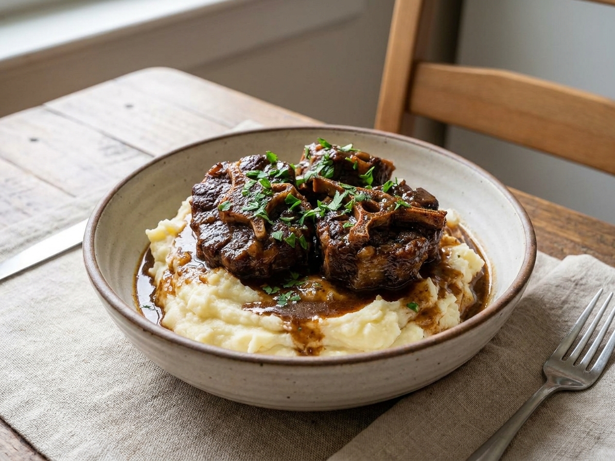 A bowl of braised beef tail in rich gravy served over mashed potatoes with chopped parsley on top at a simple dinner table