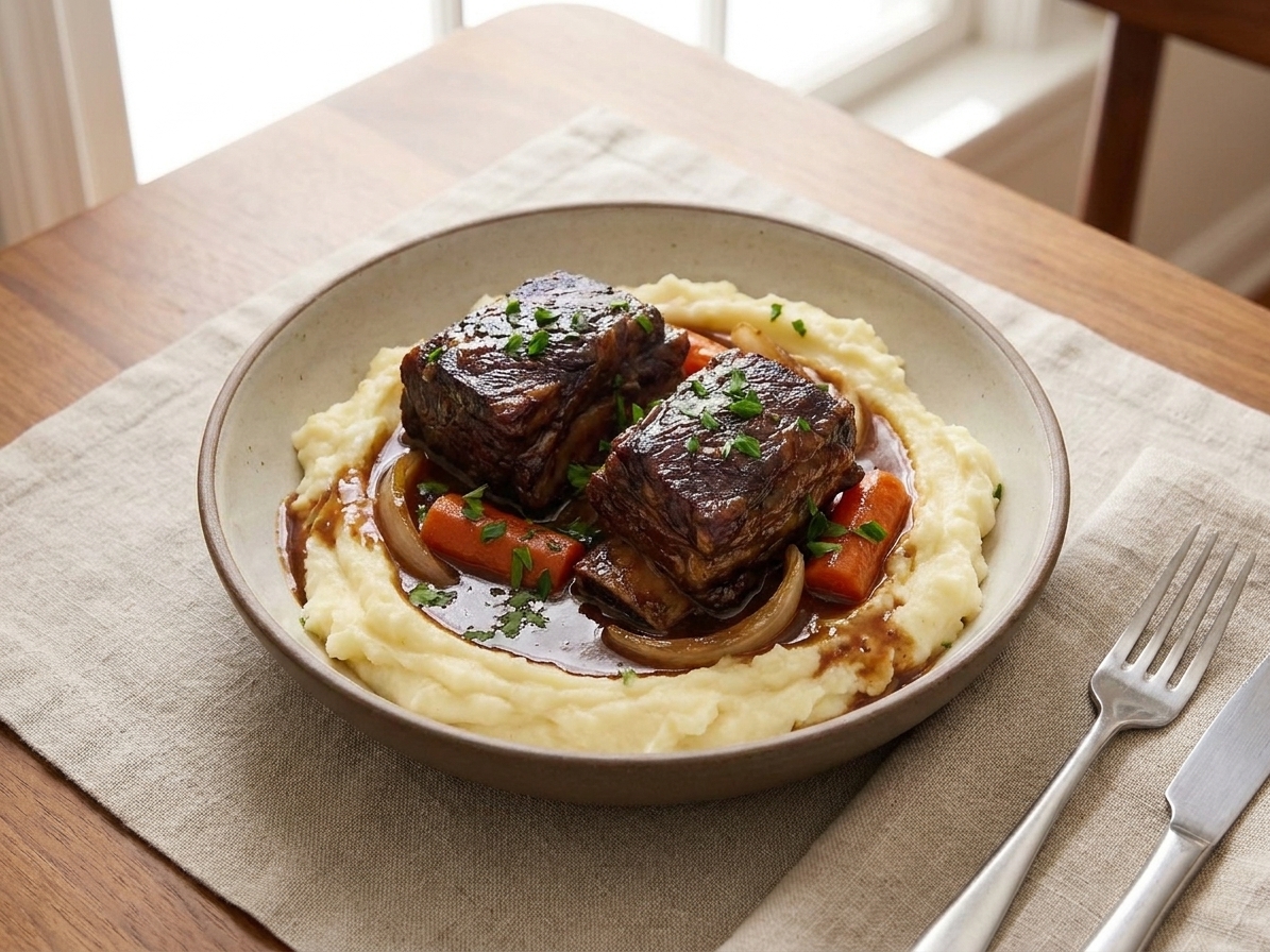 A bowl of braised boneless short ribs on creamy mashed potatoes with carrots and glossy gravy, set on a simple dinner table with neutral linens