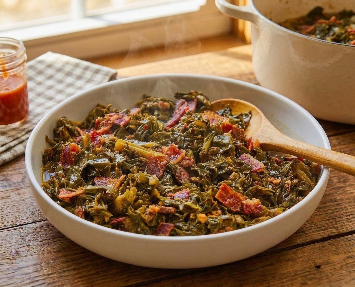A bowl of braised turnip greens with bacon and a little cooking liquid, served with a spoon on a simple table setting