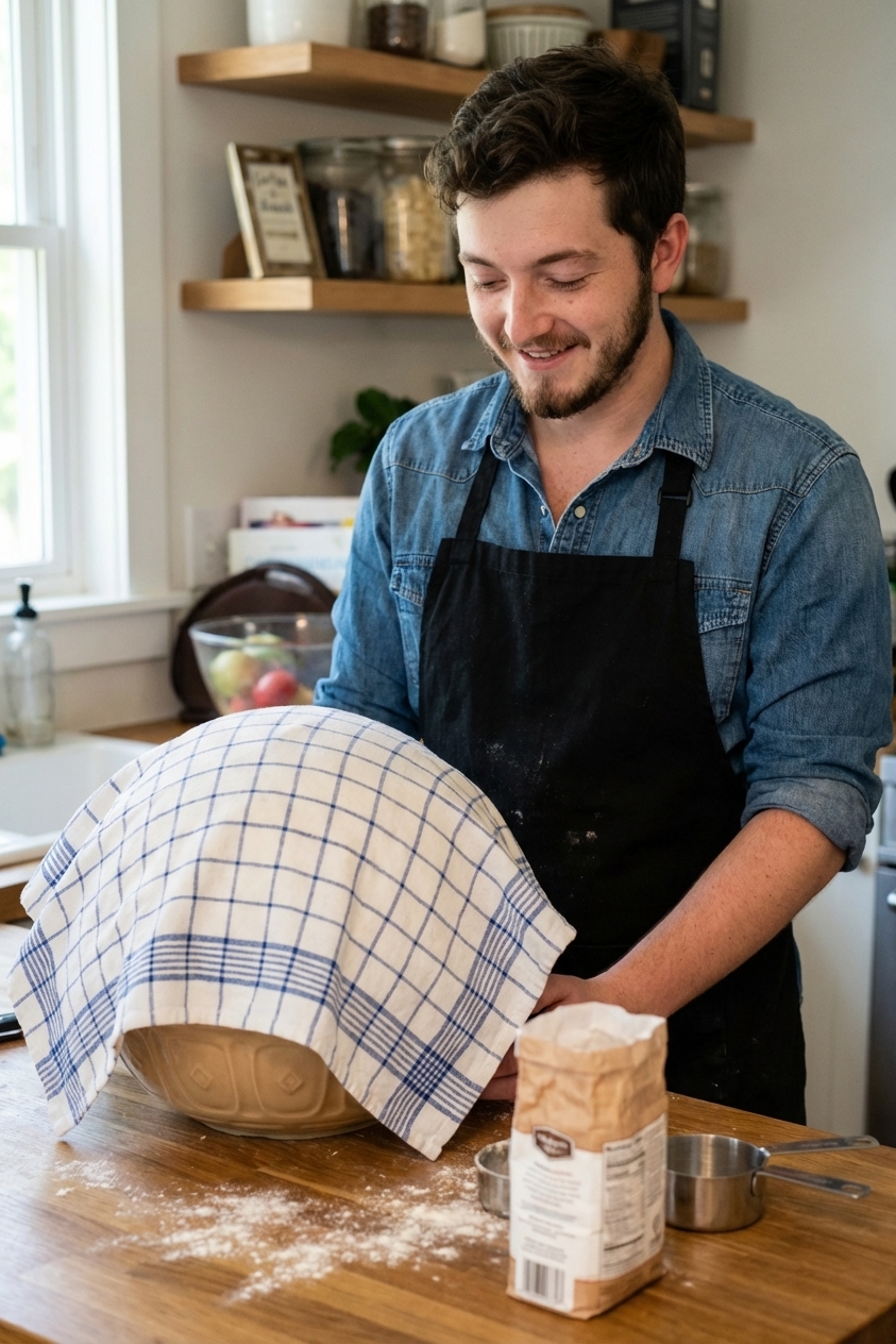 A bowl of breadstick dough rising under a clean kitchen towel on a counter