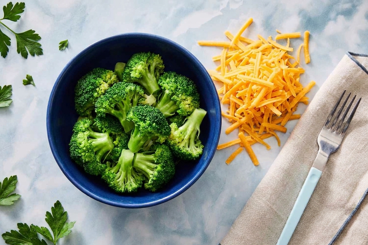 A bowl of bright broccoli florets beside a mound of shredded cheddar cheese on a kitchen counter