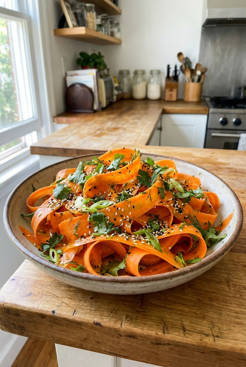 A bowl of bright carrot ribbon salad with sesame seeds, herbs, and sliced scallions on a kitchen counter