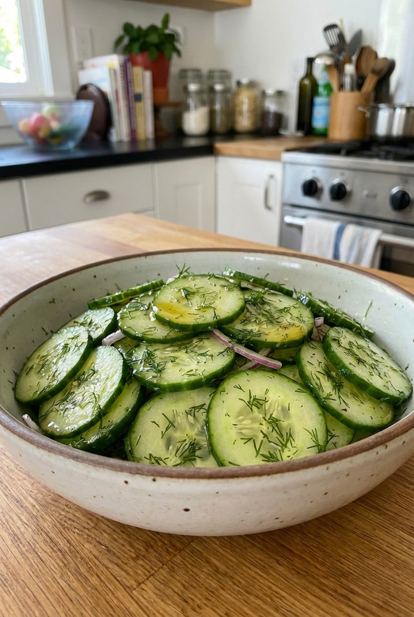 A bowl of bright cucumber and dill salad with a light dressing