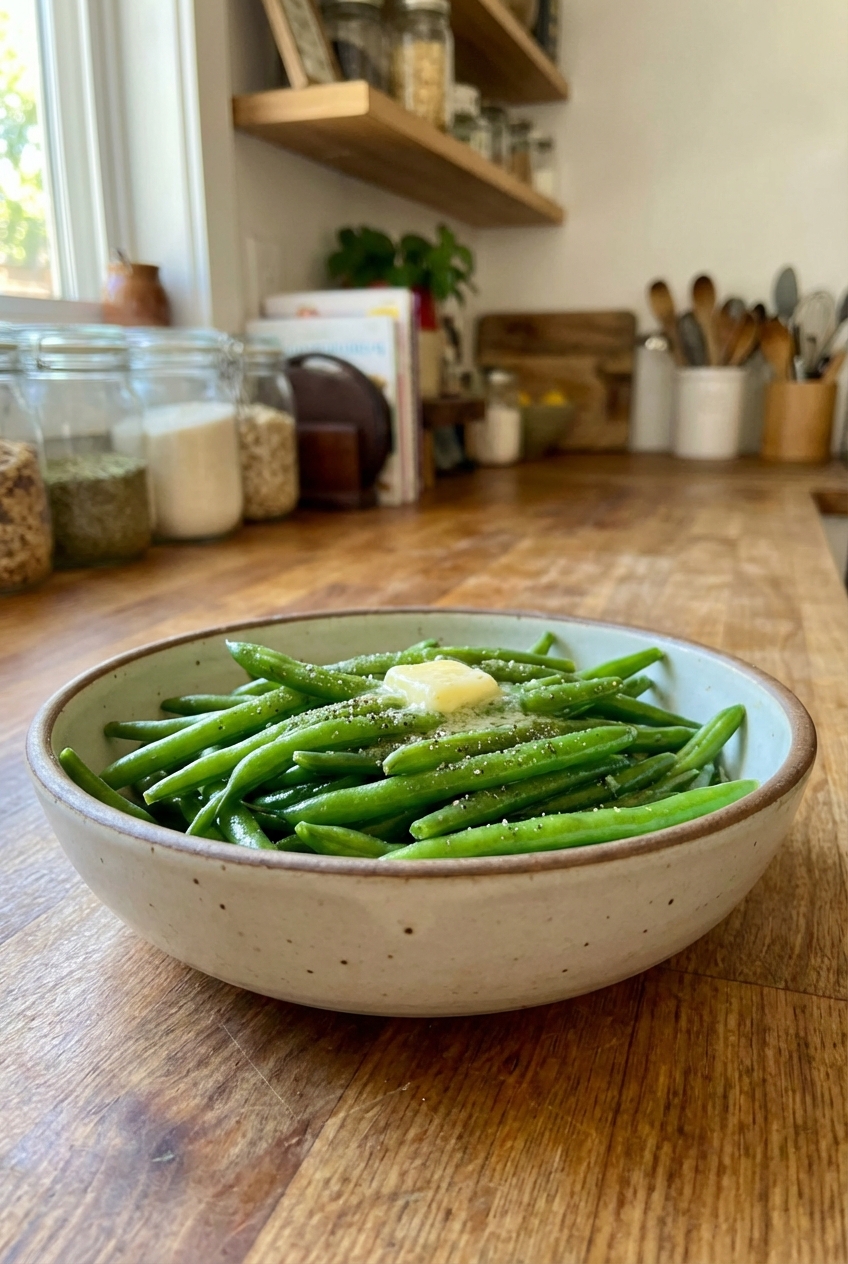 A bowl of bright green beans tossed with butter