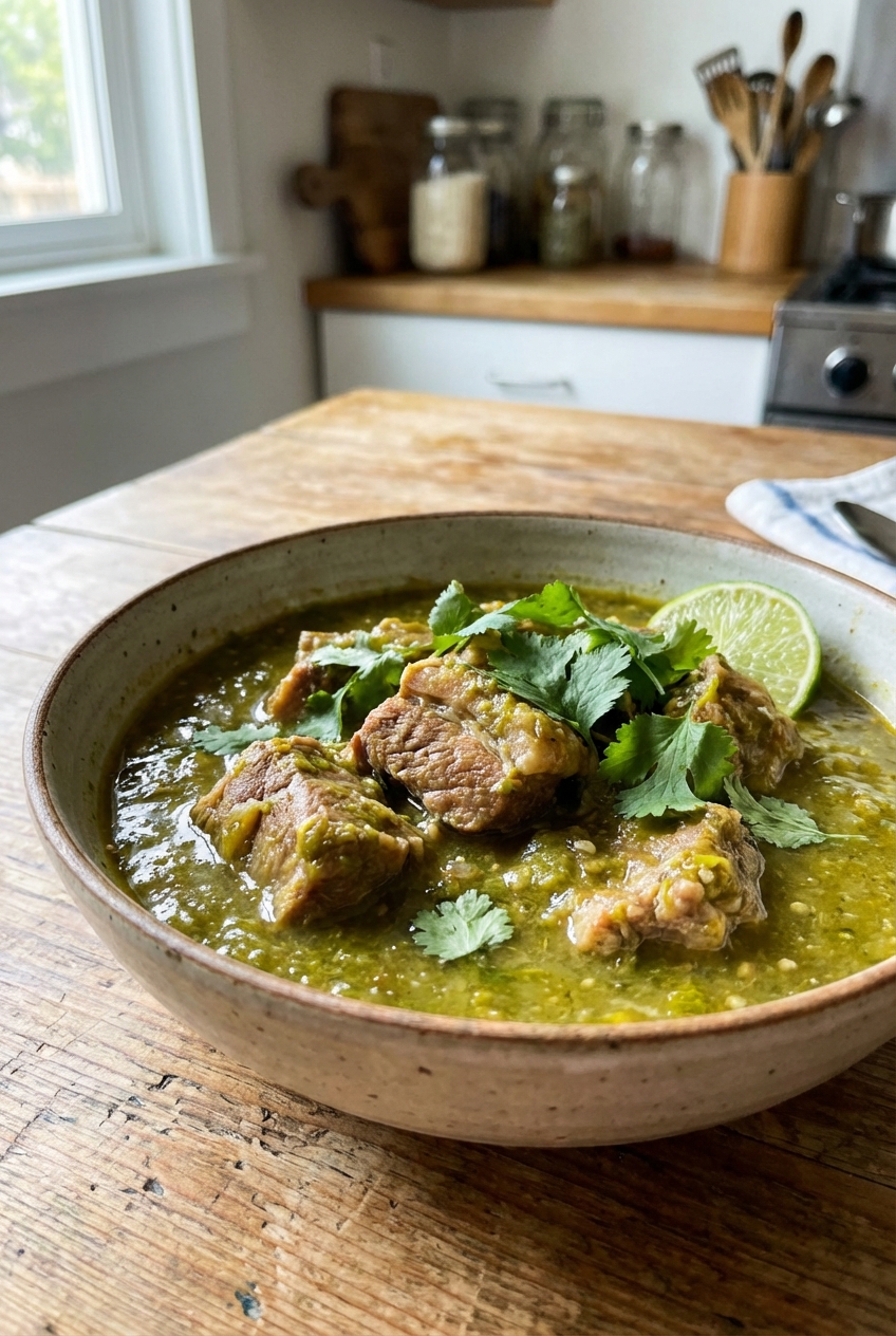 A bowl of bright green chili verde with tender pork, cilantro leaves, and a lime wedge on a wooden table in natural light