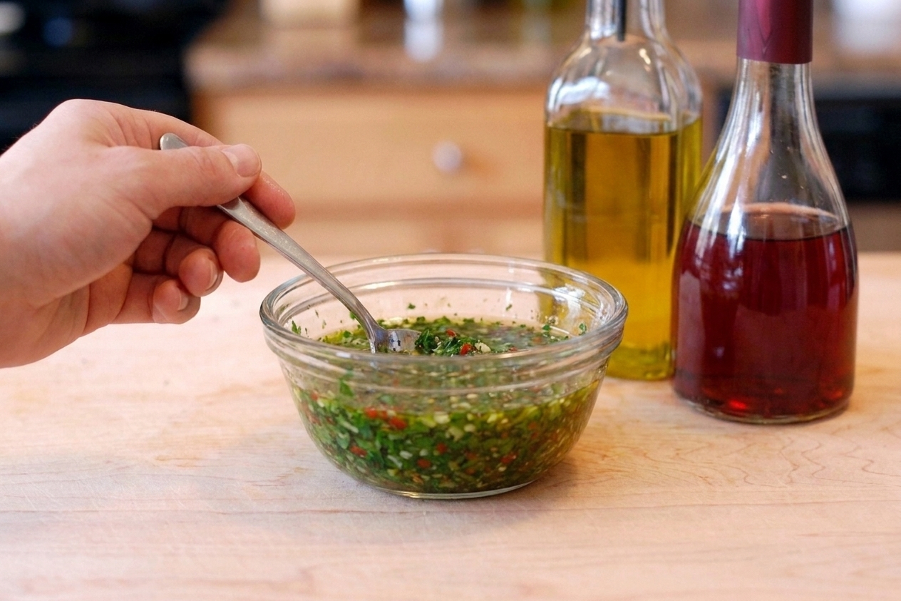 A bowl of bright green chimichurri being stirred with a spoon on a kitchen counter, with olive oil and vinegar nearby