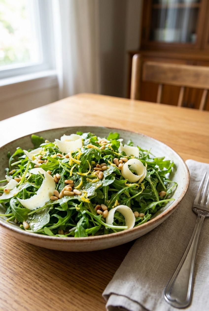 A bowl of bright lemony arugula salad with shaved parmesan on a dining table