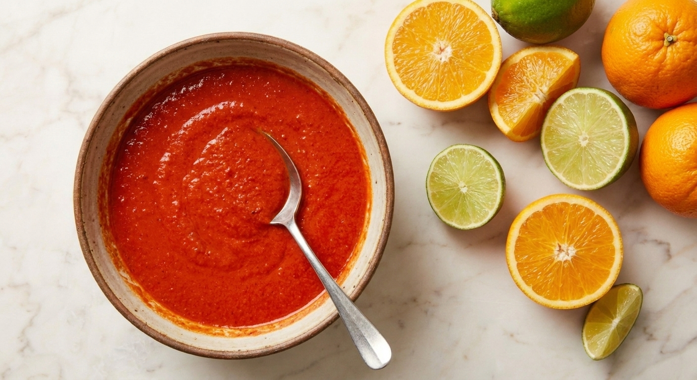 A bowl of bright red achiote citrus marinade with a spoon beside sliced oranges and limes on a kitchen counter, warm home kitchen lighting