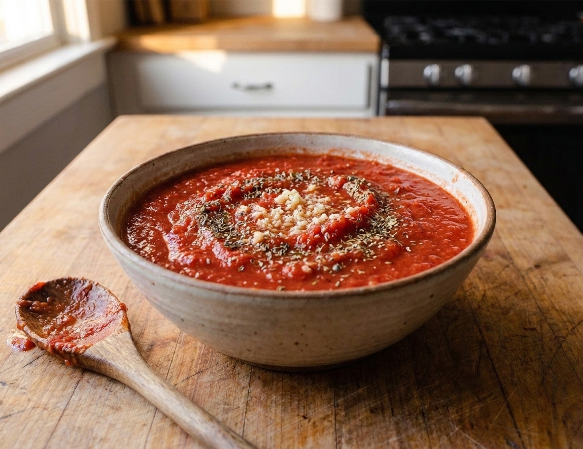 A bowl of bright red crushed tomato sauce with visible oregano and grated garlic on a kitchen counter next to a spoon