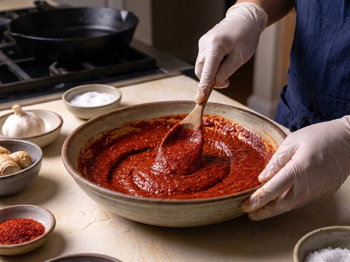 A bowl of bright red kimchi paste being mixed with a spoon until thick and smooth