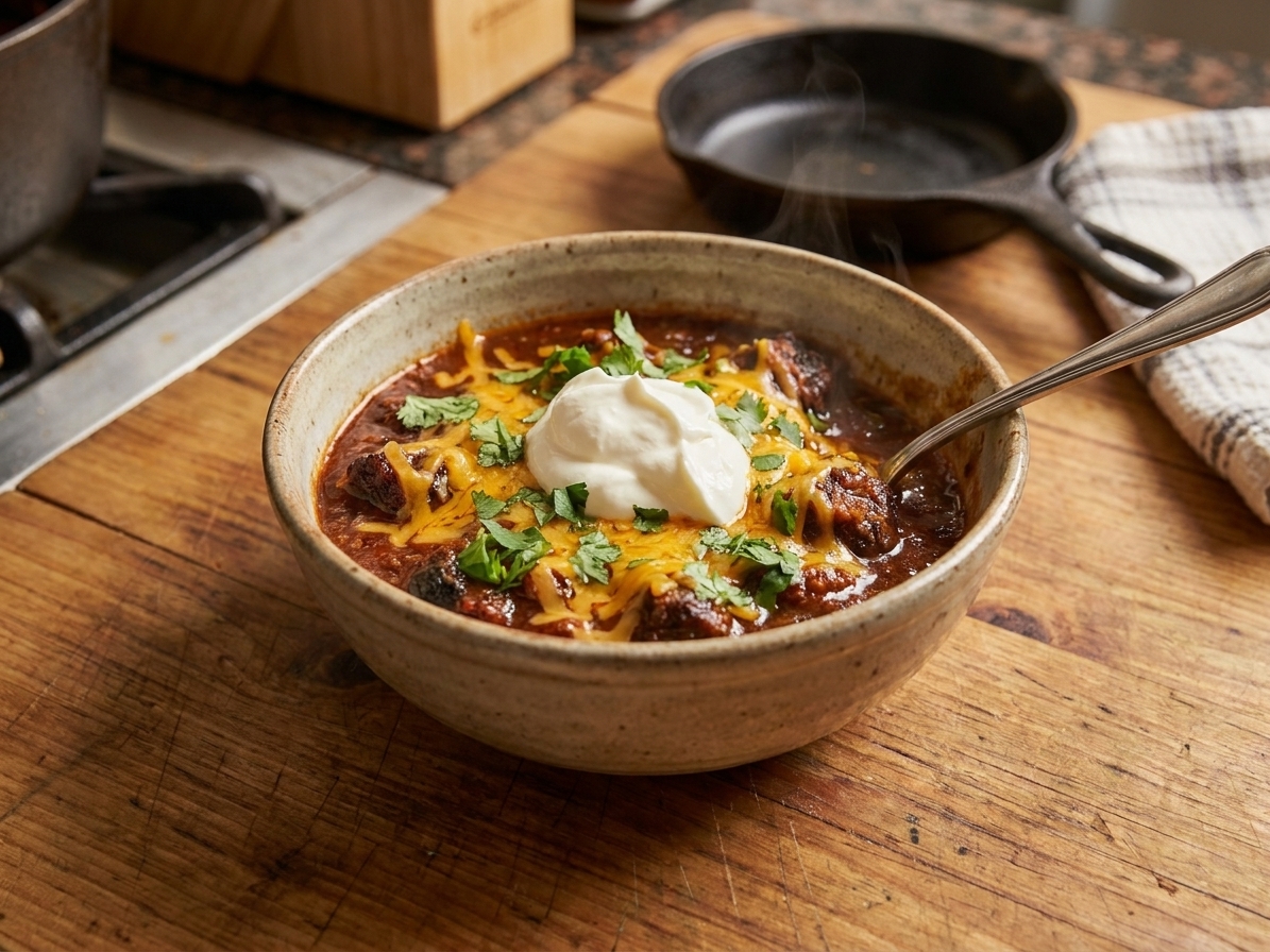 A bowl of brisket chili topped with shredded cheddar, chopped cilantro, and a dollop of sour cream on a wooden table