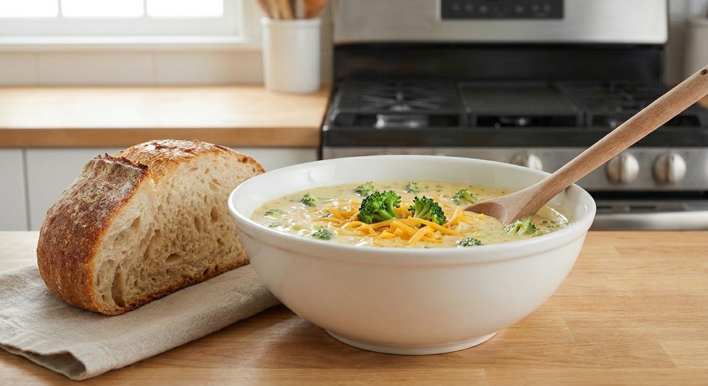 A bowl of broccoli cheddar soup served with a slice of sourdough bread on a wooden table