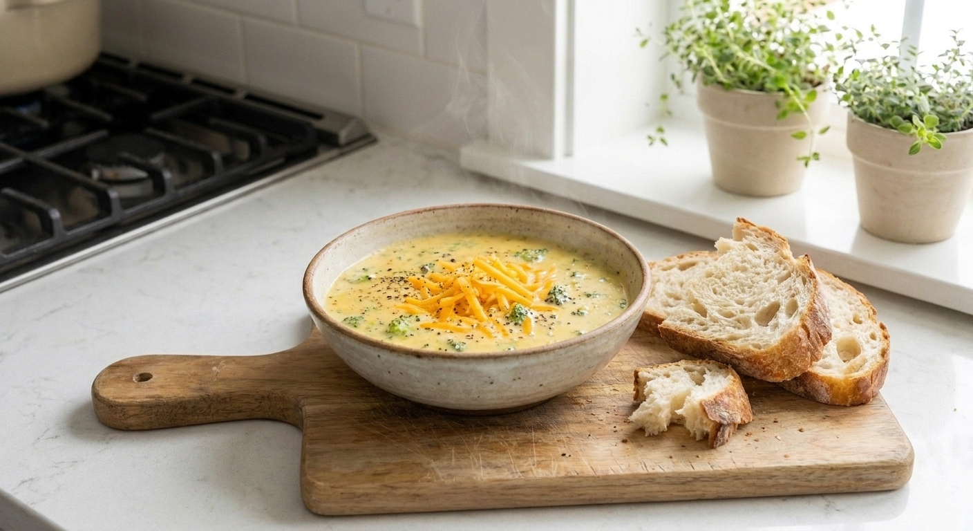 A bowl of broccoli cheddar soup topped with extra shredded cheddar and black pepper on a wooden table with crusty bread on the side