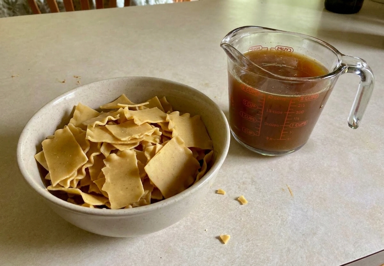 A bowl of broken lasagna noodle pieces on a kitchen counter next to a measuring cup of broth