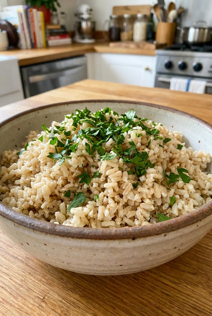 A bowl of brown rice with chopped parsley