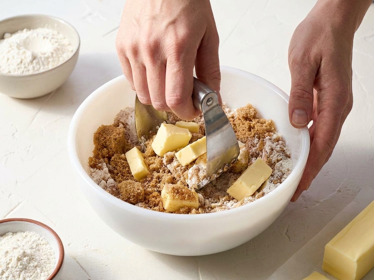 A bowl of brown sugar crumb topping with visible butter pieces being cut in with a pastry cutter on a kitchen counter