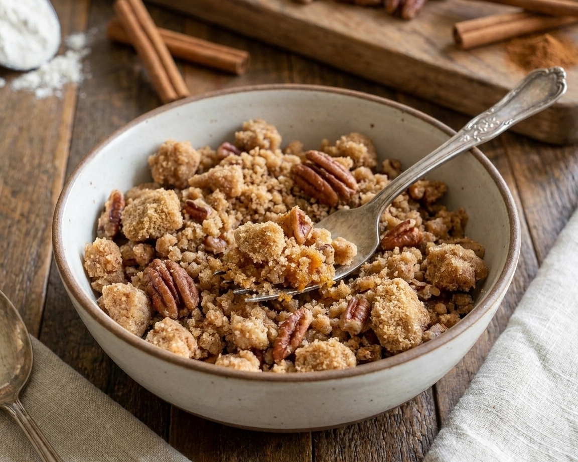 A bowl of brown sugar pecan streusel with a fork resting inside on a warm-toned kitchen counter