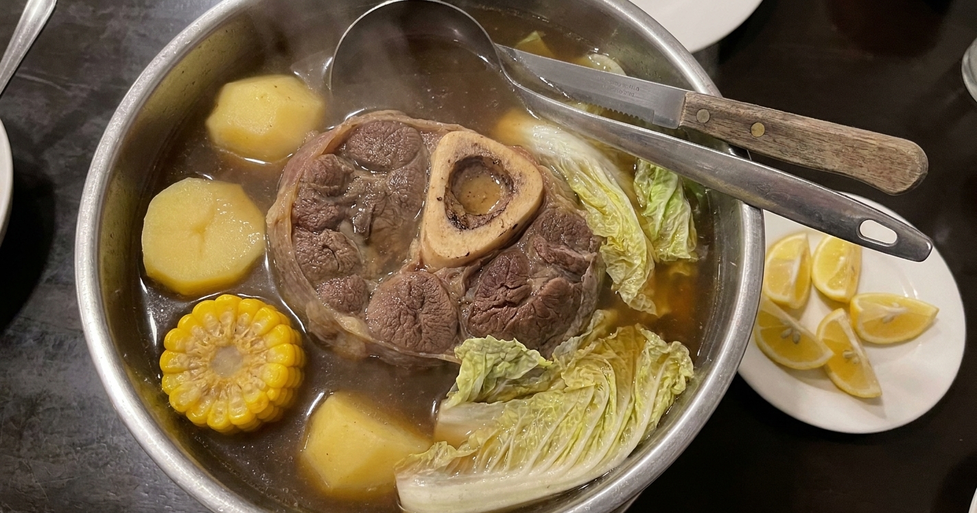 A bowl of bulalo with tender beef shank, corn round, potato chunks, and napa cabbage in clear broth, with lemon wedges on the side