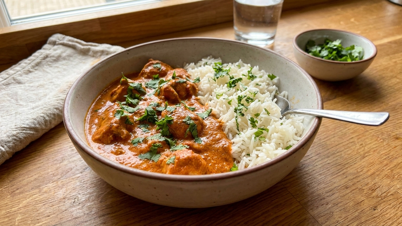A bowl of butter chicken with creamy orange-red sauce served over fluffy basmati rice, garnished with cilantro, on a warm kitchen table with soft natural light