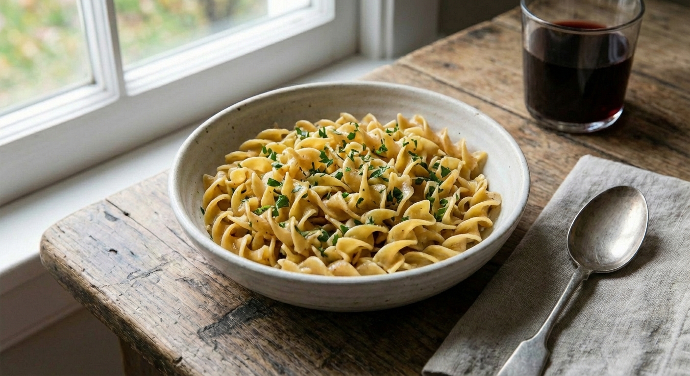 A bowl of buttered egg noodles sprinkled with parsley