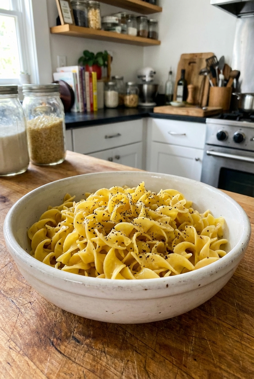 A bowl of buttered egg noodles with black pepper