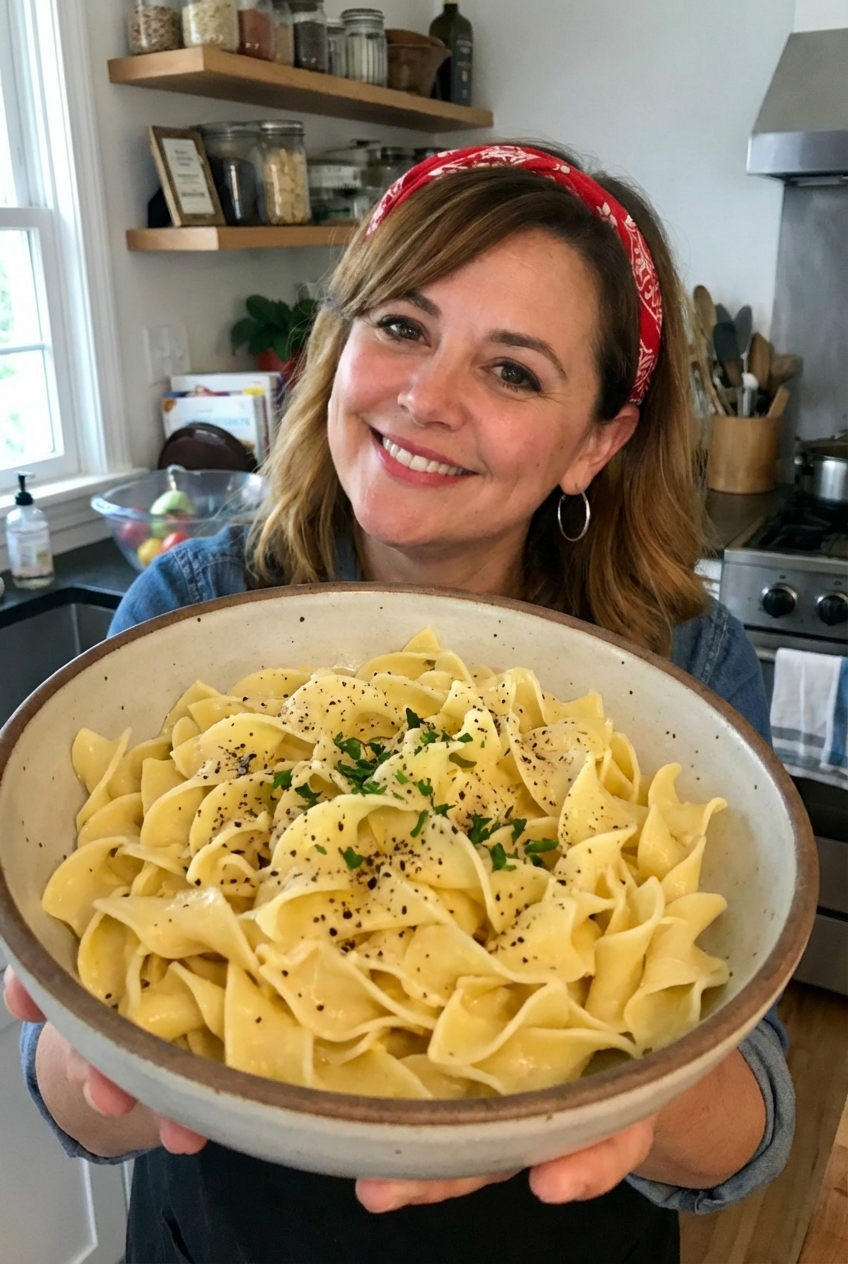 A bowl of buttered egg noodles with black pepper