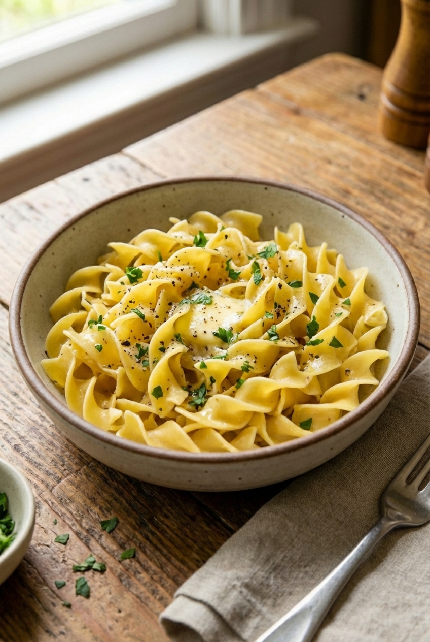 A bowl of buttered egg noodles with chopped parsley