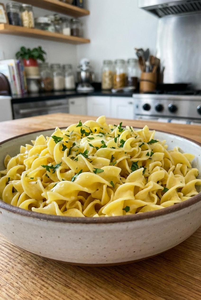 A bowl of buttered egg noodles with chopped parsley