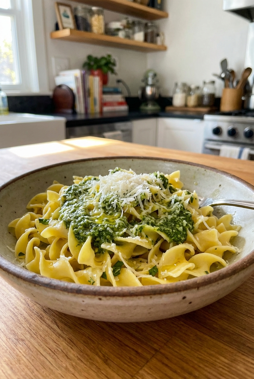A bowl of buttered noodles topped with pesto and grated Parmesan
