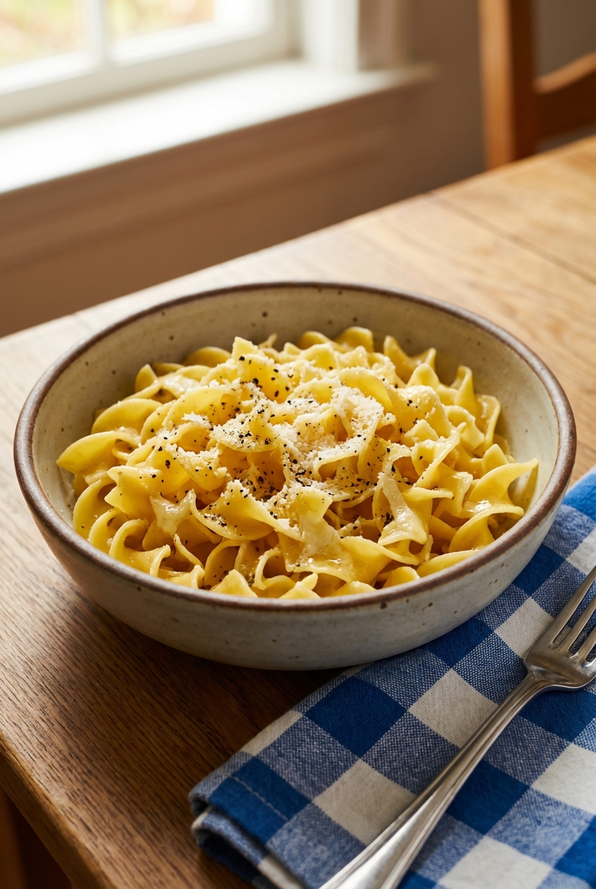 A bowl of buttered noodles with black pepper and Parmesan cheese