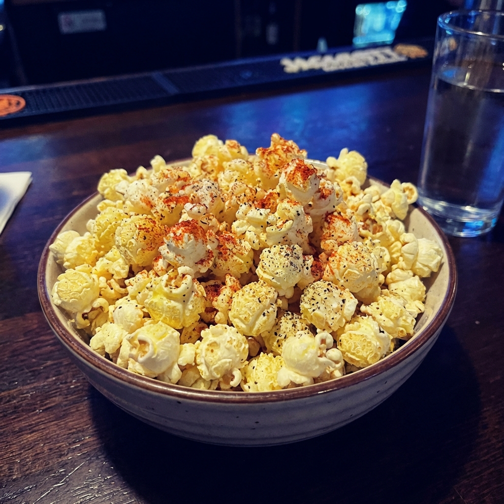 A bowl of buttered popcorn with seasoning