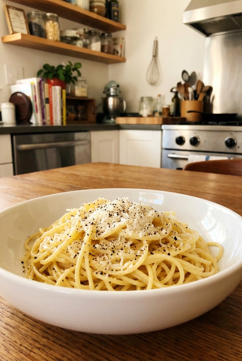 A bowl of buttered spaghetti with grated parmesan and black pepper on a dinner table