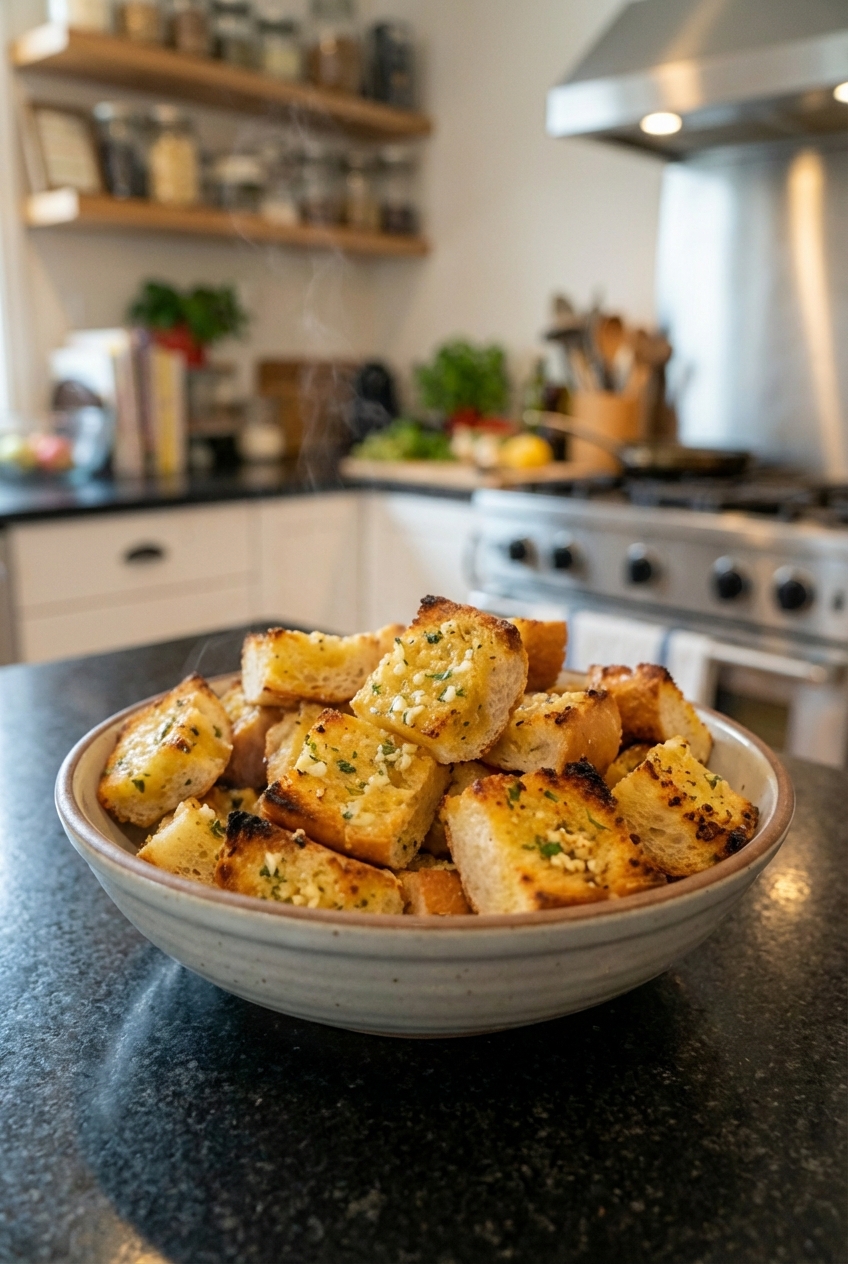 A bowl of buttery garlic bread cubes toasted until golden