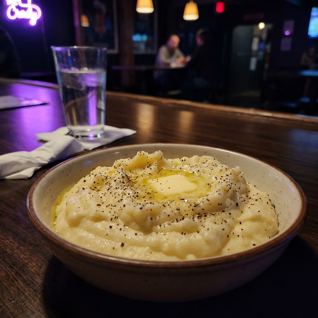 A bowl of buttery mashed potatoes with black pepper