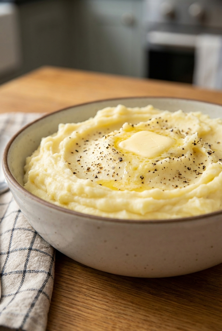 A bowl of buttery mashed potatoes with cracked black pepper