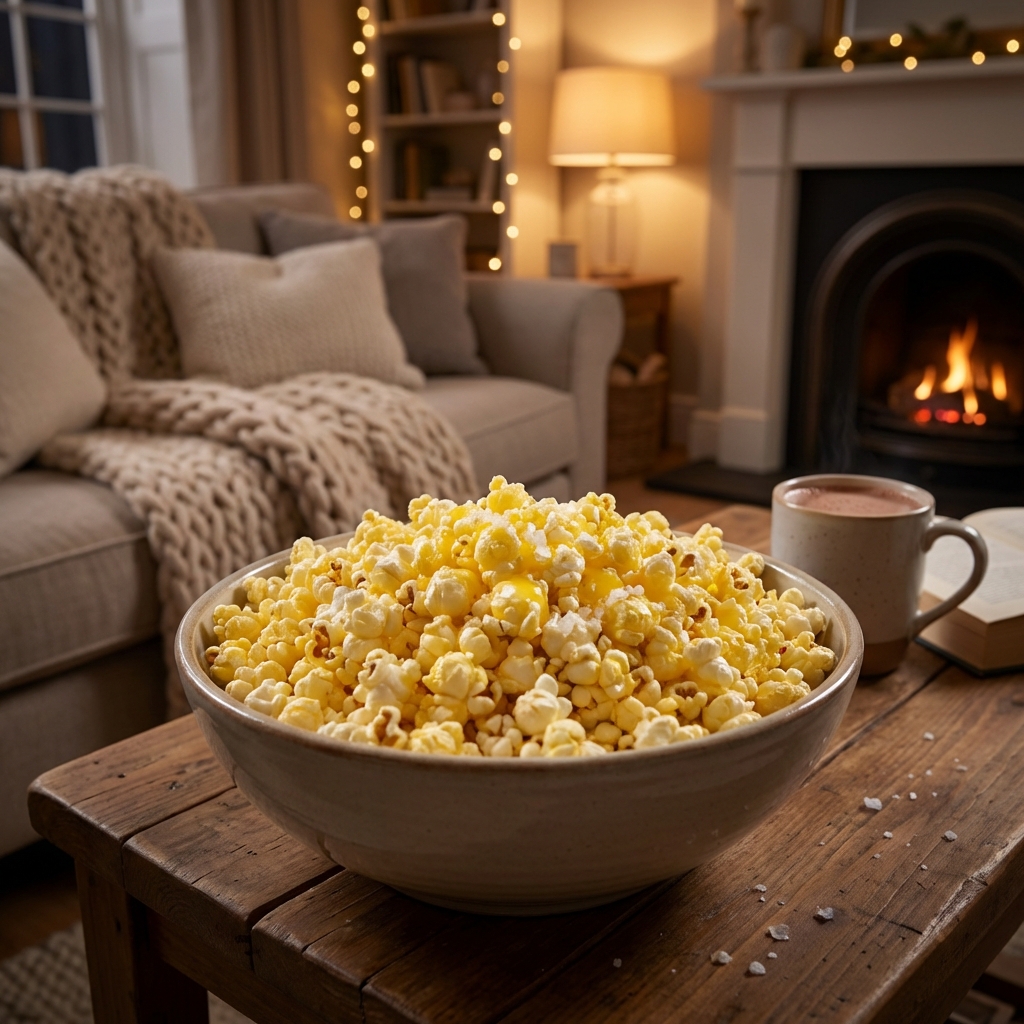 A bowl of buttery salted popcorn in a cozy living room setting