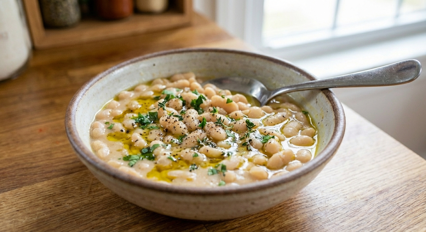 A bowl of buttery white beans with herbs and olive oil served with a spoon