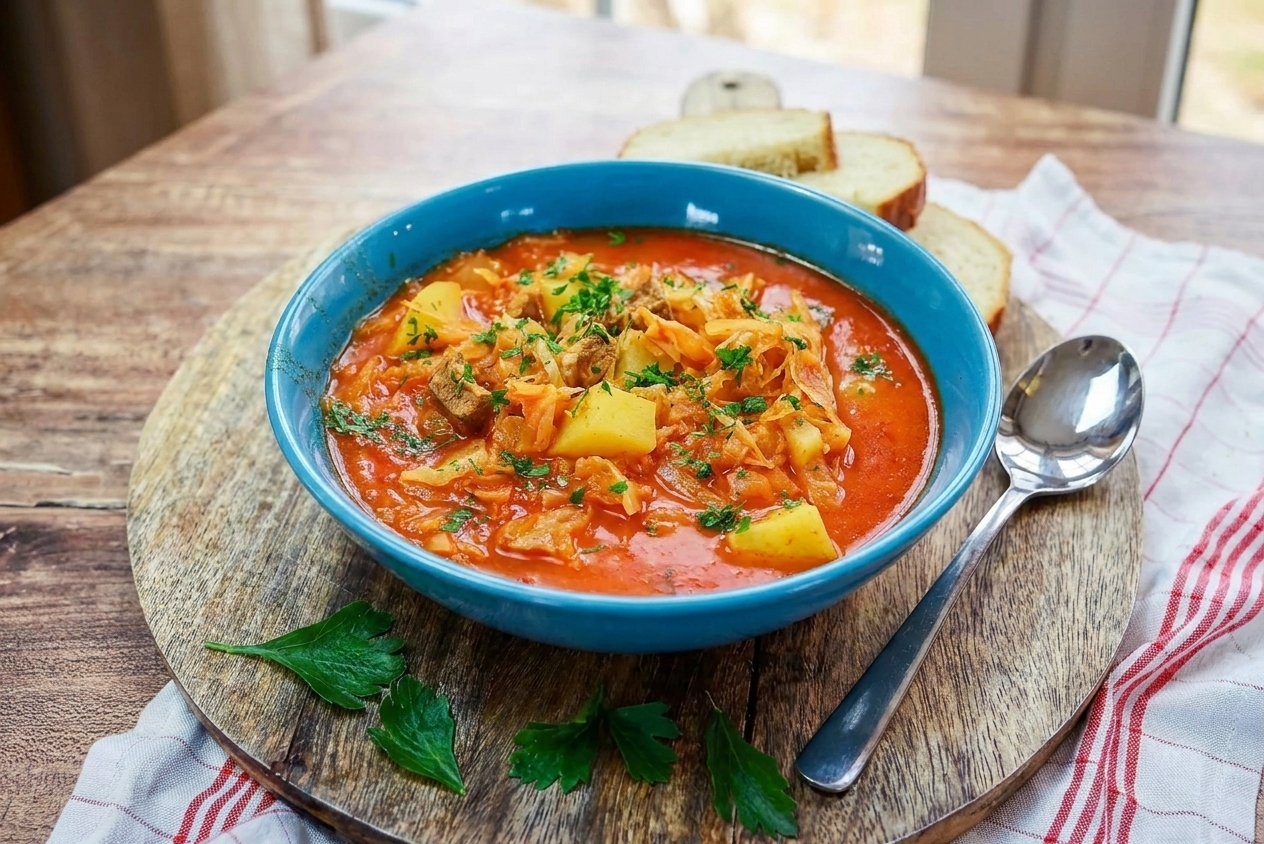 A bowl of cabbage soup topped with chopped parsley on a simple table setting with a spoon and napkin, soft natural lighting
