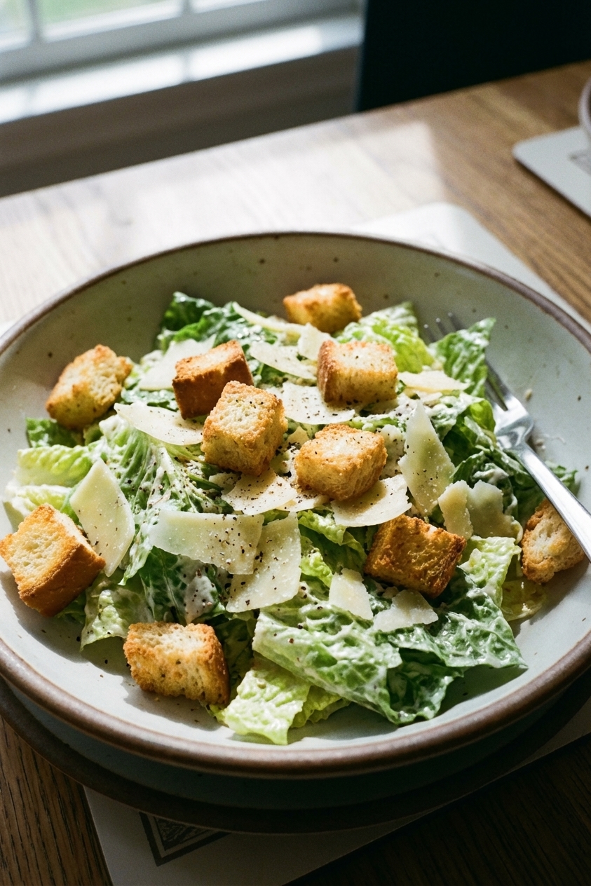 A bowl of caesar salad with croutons and parmesan