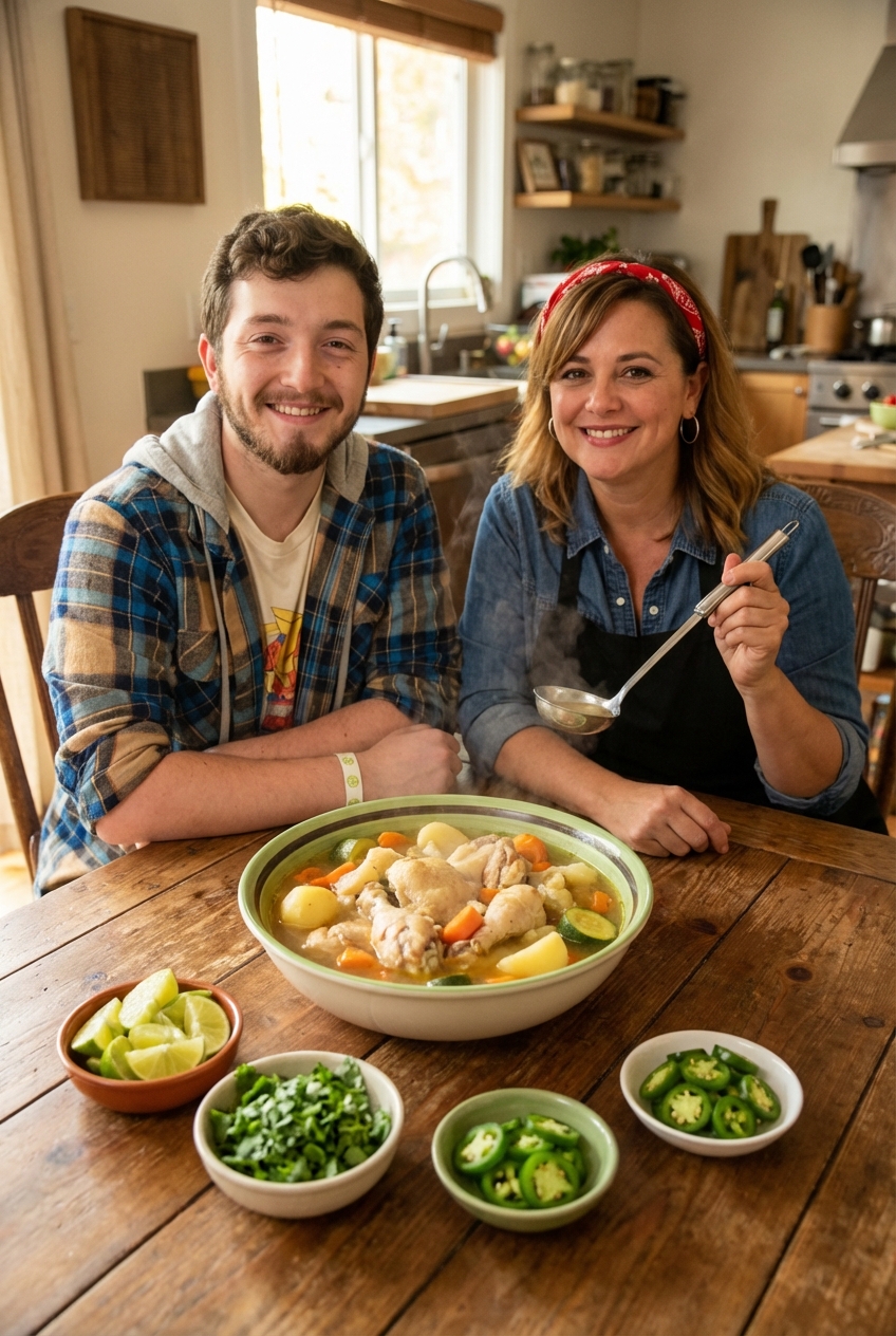 A bowl of caldo de pollo on a table with lime wedges, cilantro, and sliced jalapeño ready for toppings