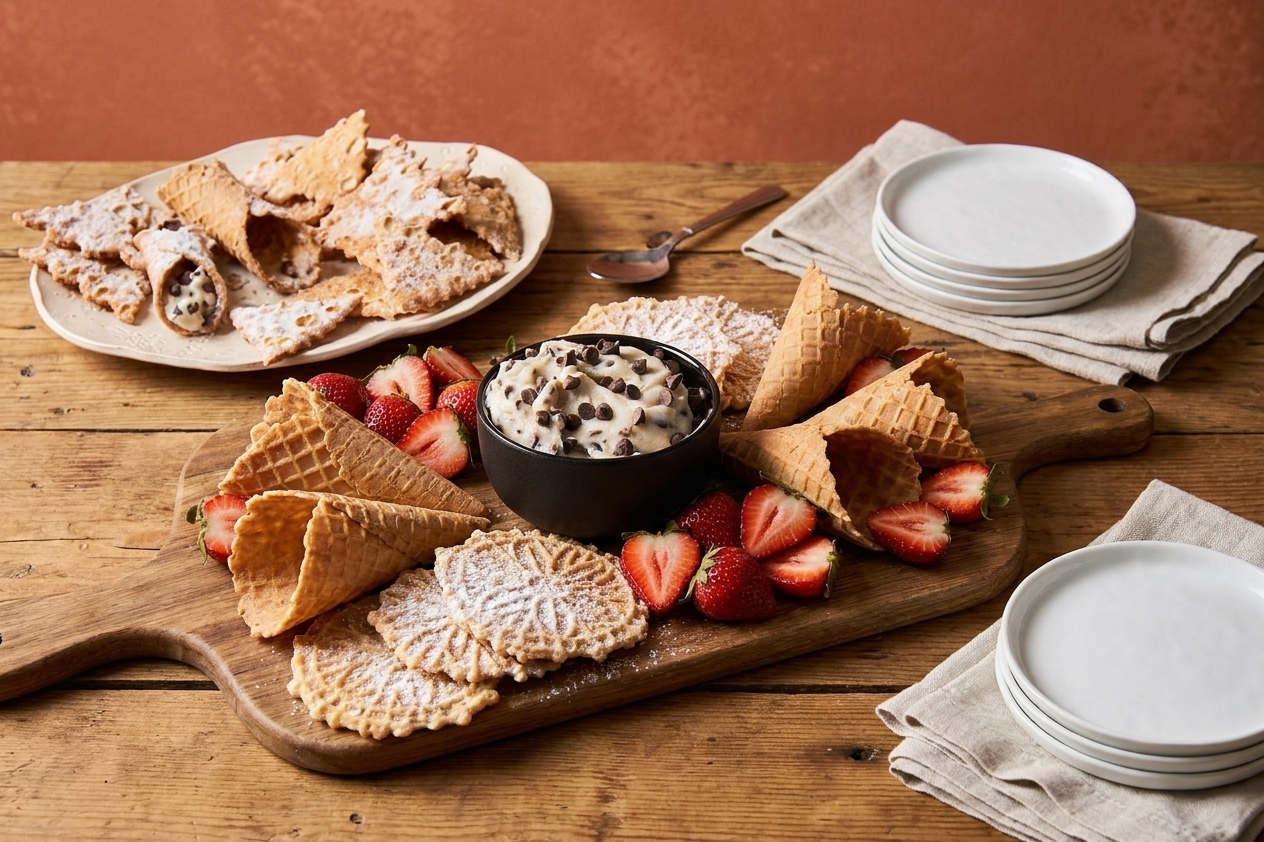 A bowl of cannoli dip on a table setting with small plates, napkins, waffle cone pieces, and berries ready for serving