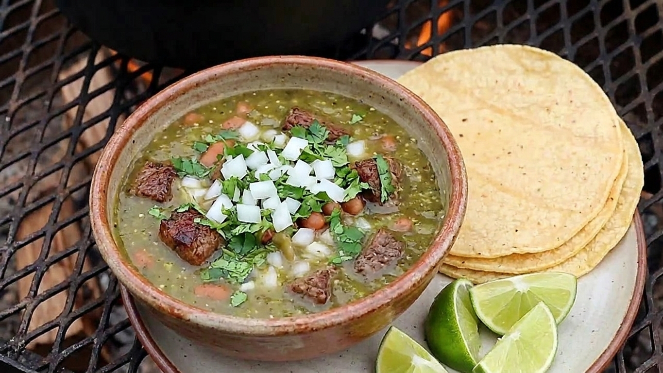 A bowl of carne en su jugo topped with diced onion and cilantro, with corn tortillas and lime wedges on a plate beside it